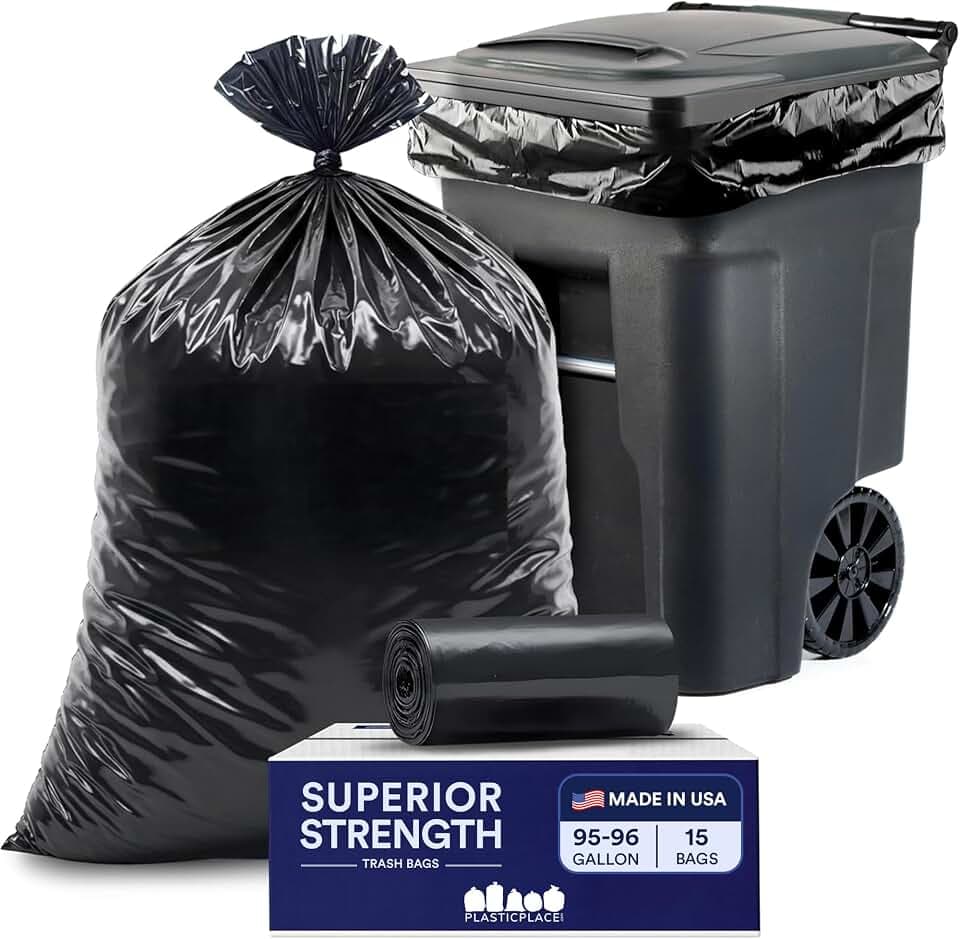 Plasticplace 95-96 Gallon Heavy Duty Black Trash Bags - Contractor Grade, Extra Large Garbage Bags for Construction & Outdoor Trash Cans, 1.2 Mil Thick, 61” x 68” (15 Count Roll)