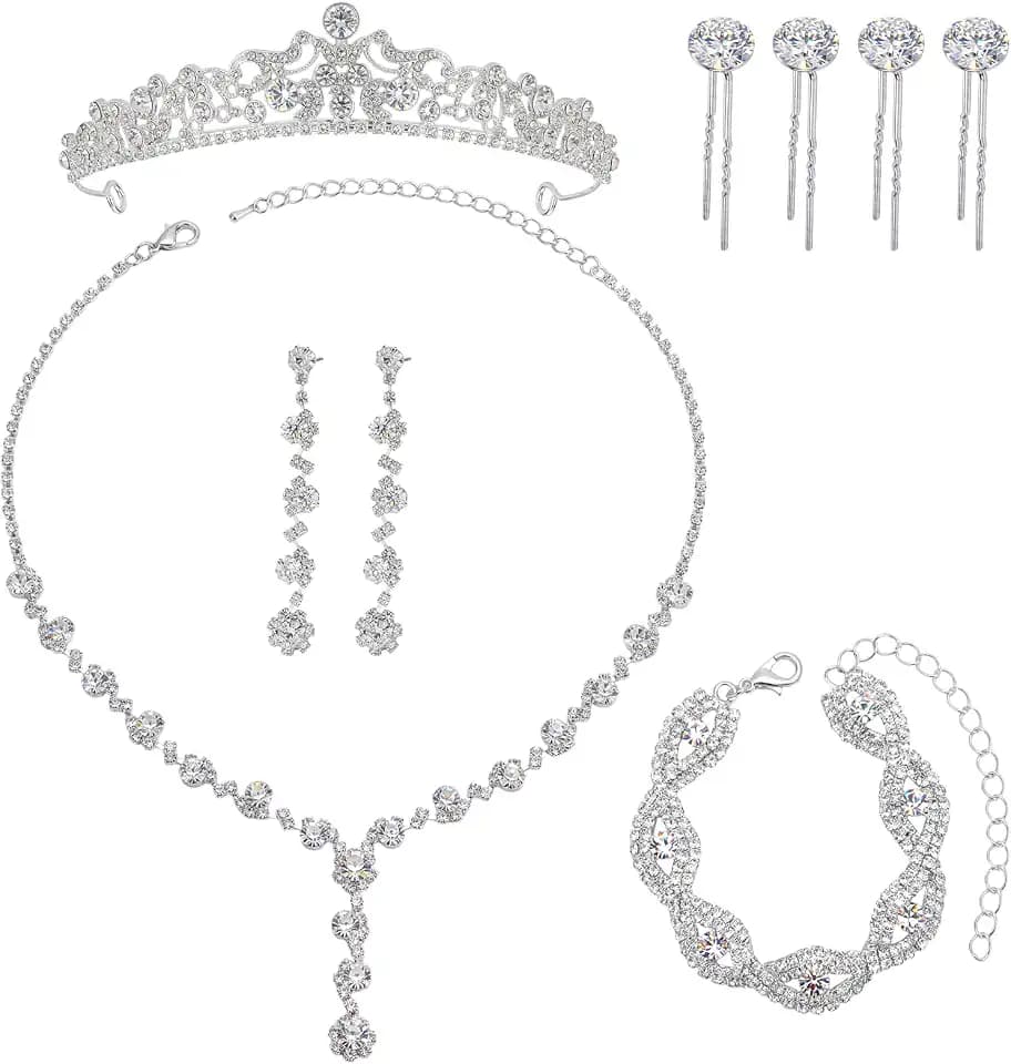 Liliaafar 9 Pcs Silver Wedding Jewelry Set for Women Tiaras and Crowns