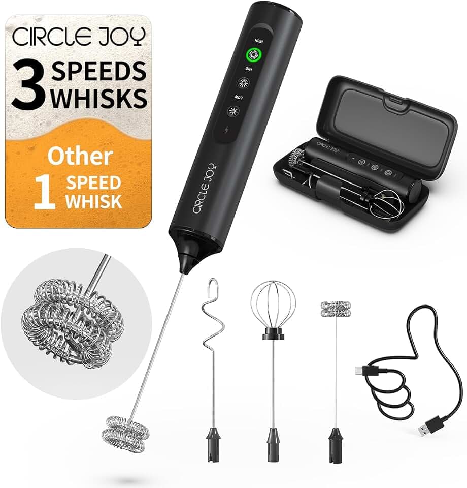 CIRCLE JOY Rechargeable Handheld Milk Frother Wand with 3 Variable Speeds, 3 Whisks and Storage Box, Electric Drink Mixer for Latte, Cappuccino, Hot Chocolate, Eggs and Protein Powder, Black