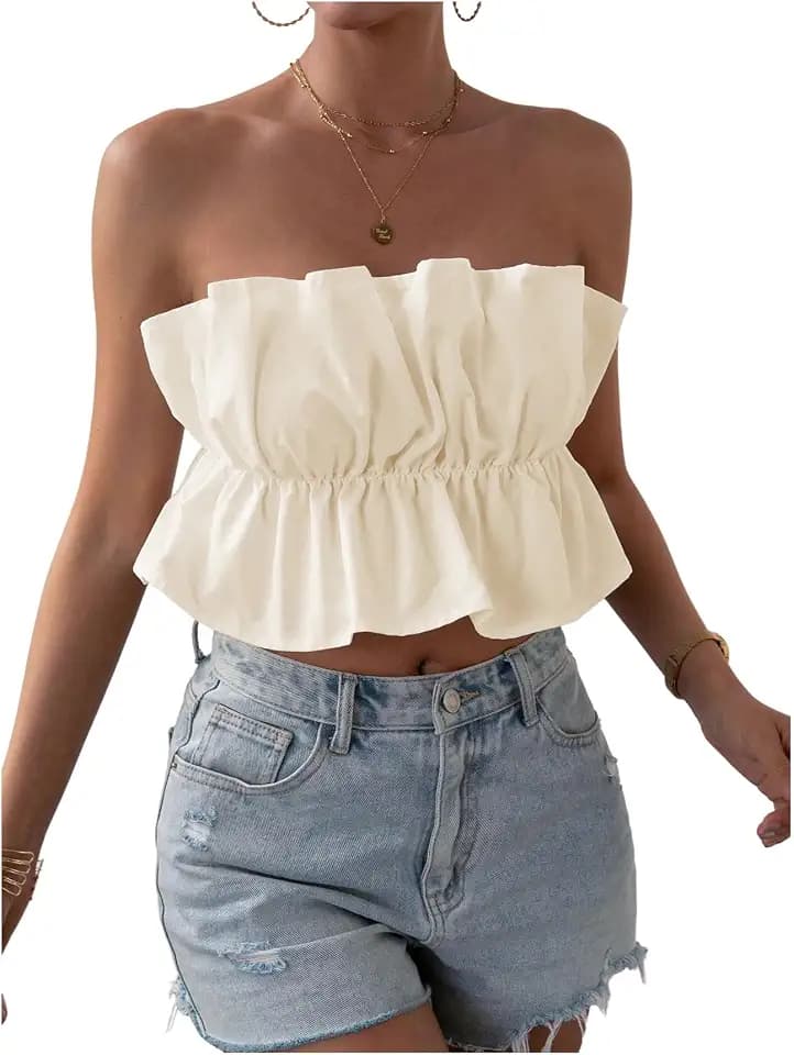 GORGLITTER Women's Ruffle Bubble Tube Tops Strapless Bandeau Peplum Shirts