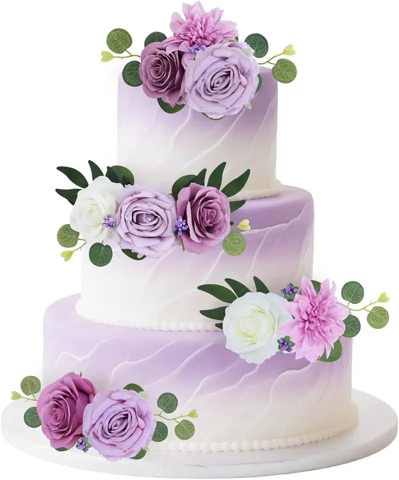 Flowers Cake Decorations Purple, Boho Wedding Artificial Flowers Leaves Cake Toppers Birthday Anniversary Baby Shower Gender Reveal Bridal Shower Party Supplies DIY Floral Decor