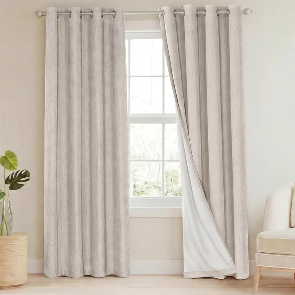 PrinceDeco Linen 100% Blackout Curtains for Bedroom/Living Room Natural Colored Drapes Extra Long Curtains 90 Inch Long for Thermal Insulated Window Curtain Panels Linen Look Fabric with White Liner