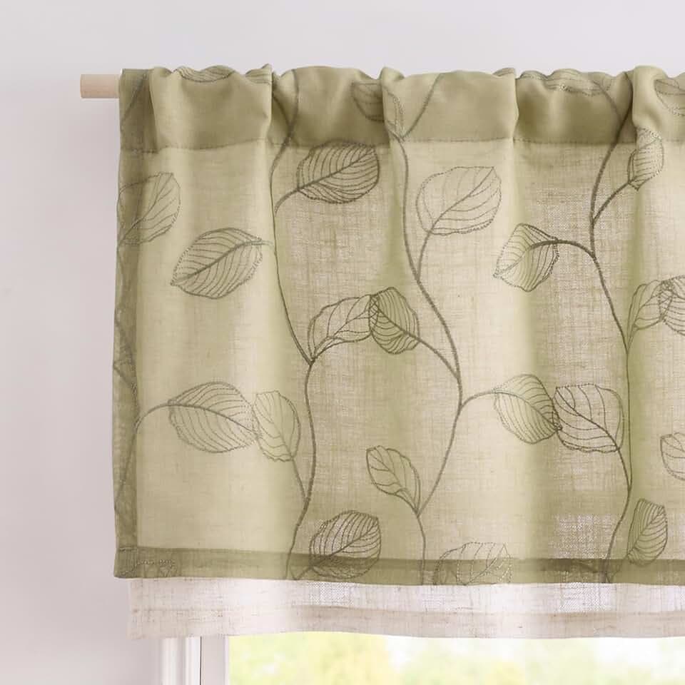 jinchan Linen Valance Curtain Green Sheer Leaf Embroidered 18 Inch 1 Panel