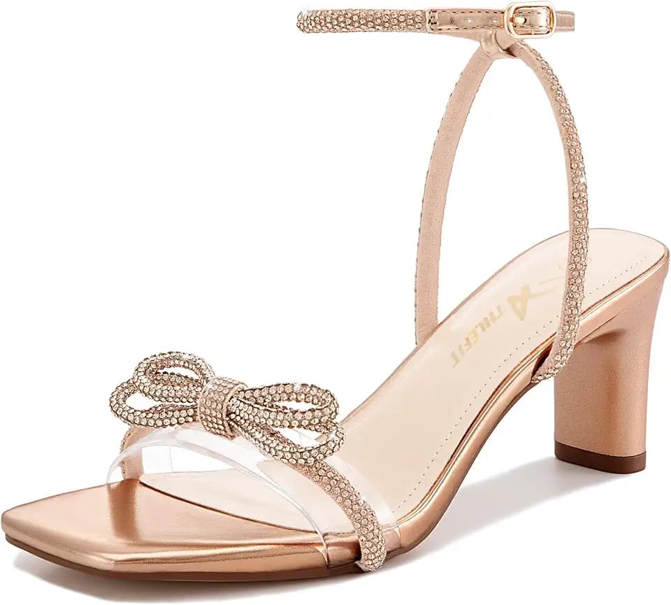 Athlefit Women's Rhinestone Bow Heels Clear Open Square Toe Block Heels Buckle Heeled Sandals for Party Wedding