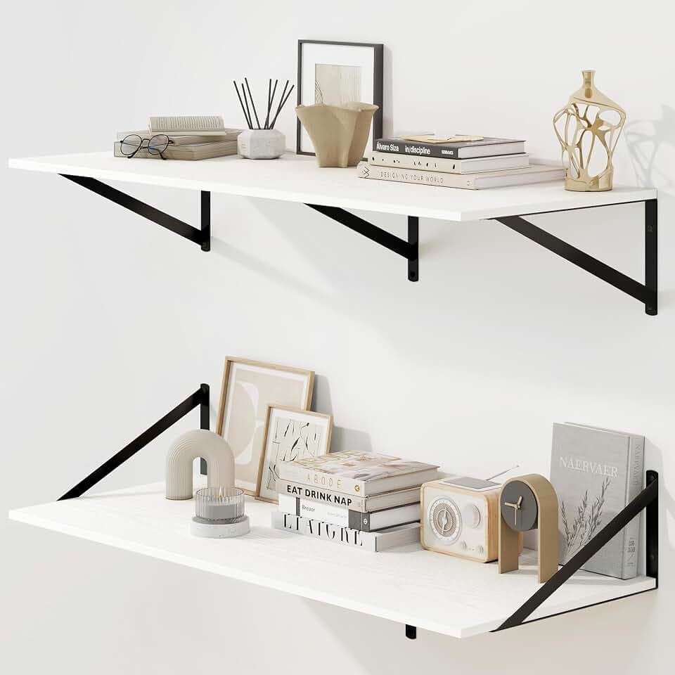 Fun Memories Schweberegale für die Wand, 30,5 cm tief, schwebende Regale, 2er-Set, 36 B x 12 D, großes Wandregal mit stabilen Metallhalterungen für Wohnzimmer, Badezimmer, Schlafzimmer und Küche, Weiß