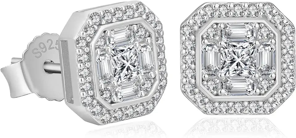 KRKC&CO Ohrringe Silber 925 Herren Iced Out, Viereckige Ohrring, 14K Gold/Weißgold beschichtet Ohrsteckers mit weißen Zirkonia Steine, Blei- und Nickelfreier, Geschenk für Männer Damen Jungs