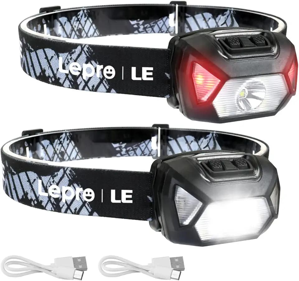 Lepro Stirnlampe LED Wiederaufladbar, USB C Kopflampe mit 6 Modi & Rotlicht | 2000 Lux Superhell Kopflampe Stirnlampe, 6 Modi & Rotlicht, IPX4 Wasserdicht Stirnlampe, Ideal für Camping, Schwarz, 2 Stück