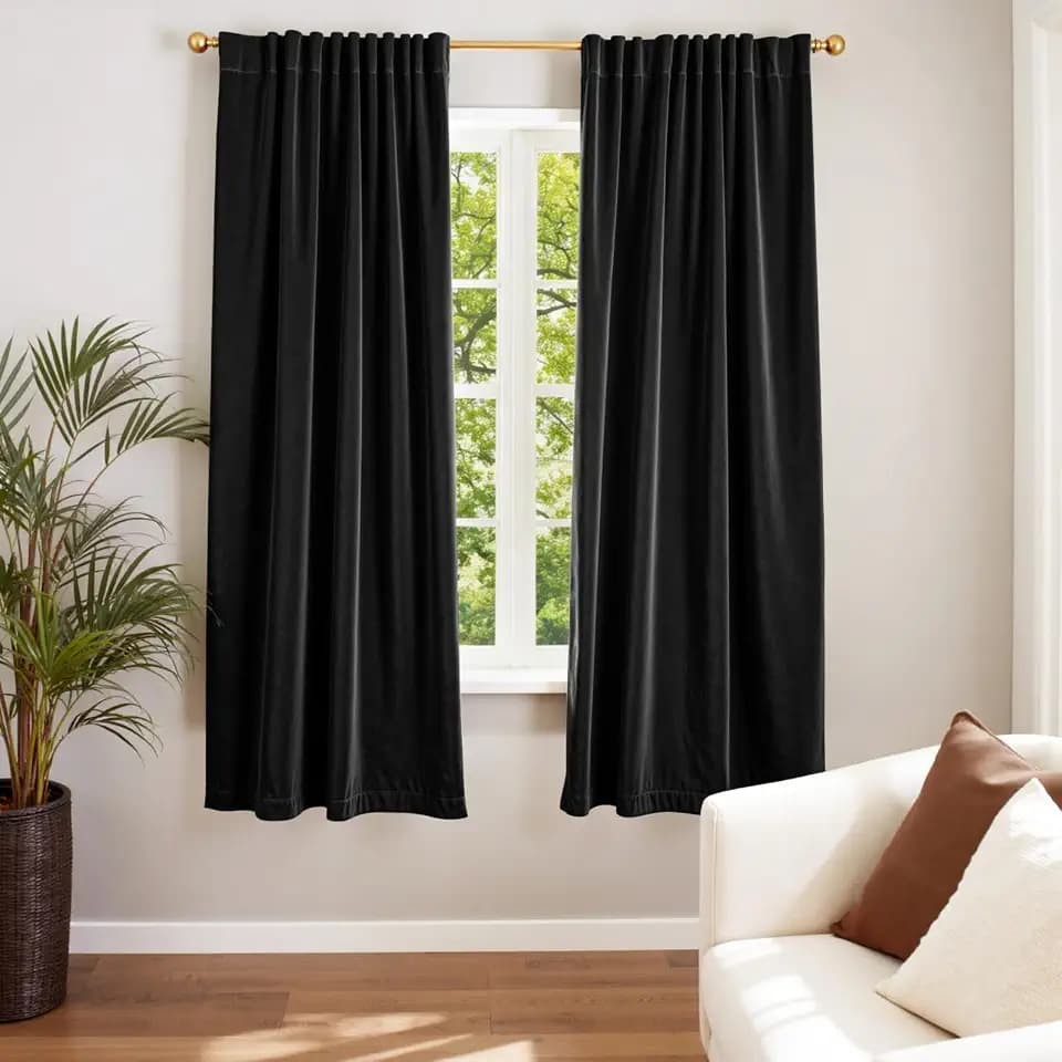 Lazzzy Blackout Black Velvet Curtains Rod Pocket 52×72 Inch 2 Panels