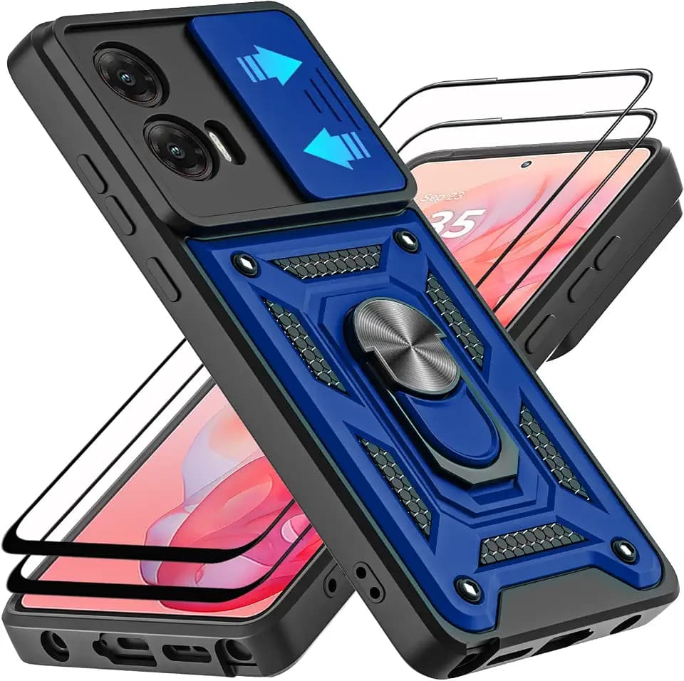 for Motorola Moto G Stylus 5G 2024 Case, with Tempered Glass Screen Protector [2 Pcs] & Slide Camera Cover, 360°Rotation Ring Kickstand [Military Grade] Case (Blue)