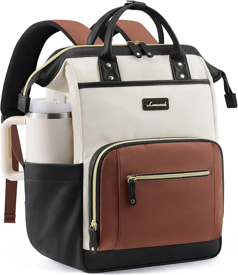 LOVEVOOK Laptop Backpack for Women with Giant Tumbler Holder,17 inch Professional Nurse Teacher Backpack Computer Laptop Bag,Cute Waterproof Travel Backpack Purse Work College Bag, Beige-Black-Brown