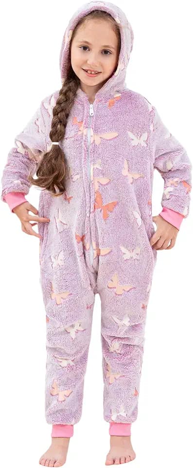 KAKU NANU Mädchen Onesie Regenbogen 2-10 Jahre Im Dunkeln Leuchtender Fleece Kapuzenanzug Weicher Flauschiger Warmer Jumpsuit mit Reißverschluss und Taschen Mädchen Geschenk 7 Farben