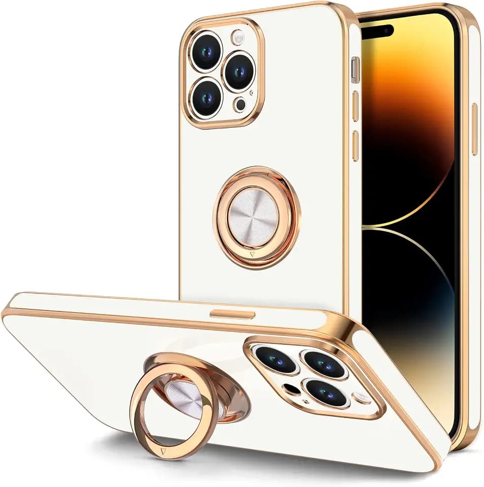 Hython for iPhone 14 Pro Case with Ring Stand [360° Rotatable Ring Holder Magnetic Kickstand] [Support Car Mount] Plated Gold Edge Soft TPU Luxury Shockproof Protective Phone Case Cover, White