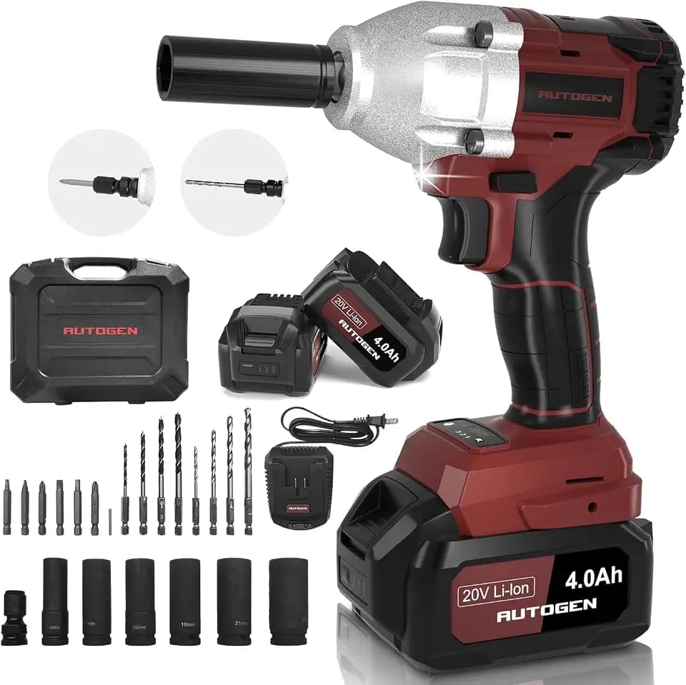 AUTOGEN Cordless impact Wrench. 443ft-lbs (600n.m) 1/2' brushless impact Wrench. 2100 rpm High Torque Impact Gun, 2 x 4.0 batteries, 6 sockets. 3 in 1 home tool, outdoor, DIY electric impact gun