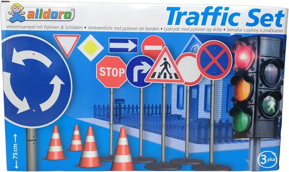 alldoro 60097 XXL-Verkehrsset Big Set Verkehrskunde mit Ampel, Verkehrszeichen, Pylonen für Kinder - 41 TLG, bunt, 75 cm