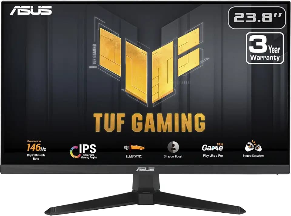 ASUS TUF Gaming 24” (23.8” viewable) 1080P Monitor (VG249QE5A) - FHD, 144Hz Overclock to 146Hz, IPS, Extreme Low Motion Blur Sync, 1ms, Speakers, Variable Overdrive, DisplayWidget Center, 3yr Warranty