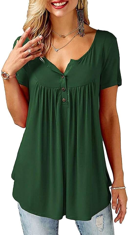 Amoretu T-Shirt Damen V-Ausschnitt Knopfleiste Bluse Solide Tunika Langarm/Kurzarm Tops