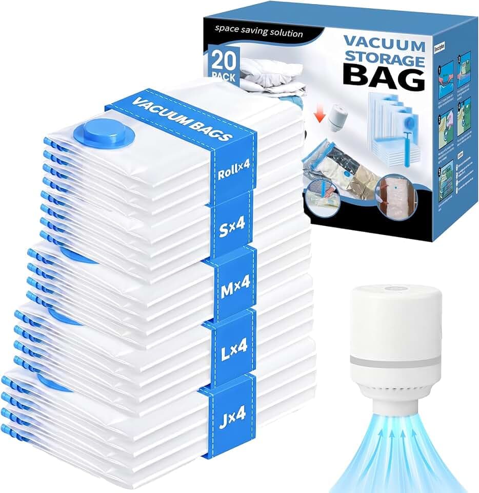20 Pack Vacuum Storage Bags with Electric Pump, Compression Space Saver Vacuum Seal Bags 4 Jumbo/4 Large/4 Medium/4 Small/4 Roll Up Bags for Clothing Travel Comforters Blankets Pillows Bedding Duvets