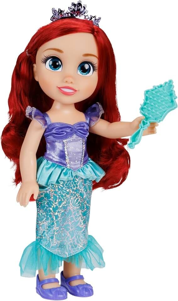 Disney Princess Arielle Puppe 35cm, reflektierende Glitzeraugen, bewegliche Gelenke, ausziehbares Outfit, Schuhe, Diadem, langes rotes Haar, für Mädchen ab 3 Jahren