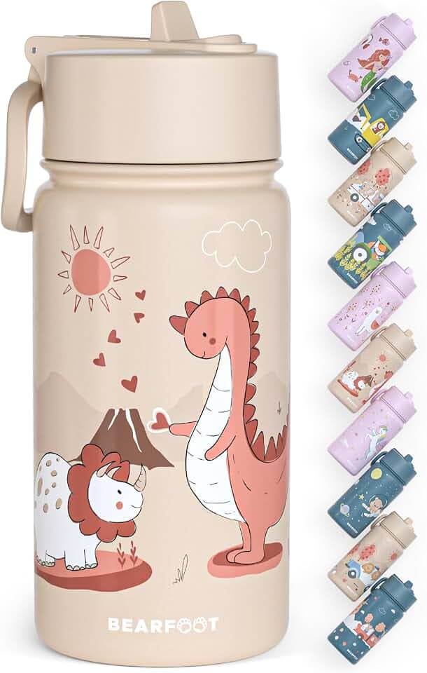 Edelstahl Trinkflasche Kinder 400ml (Beige - Dinos)