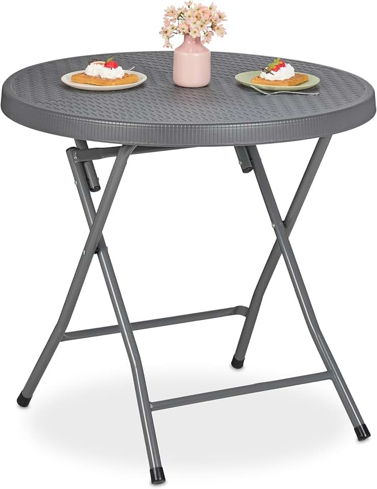 Relaxdays Gartentisch runder Balkontisch, HxD: 74 x 80 cm, grau | klappbar