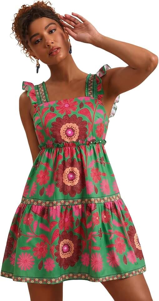 RoseSeek Women's Floral Tropical Graphic Short Dress Boho Summer Dresses