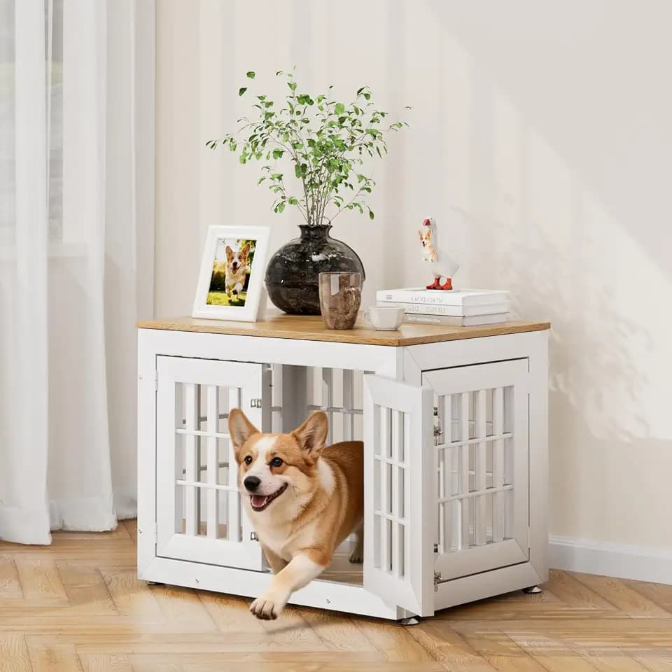 Snuowu 32" Heavy-Duty Dog Crate Furniture for Small/Medium Dogs, Rustic Wooden Dog Cage Kennel Indoor Furniture, Decorative Pet House End Table, White & Wood