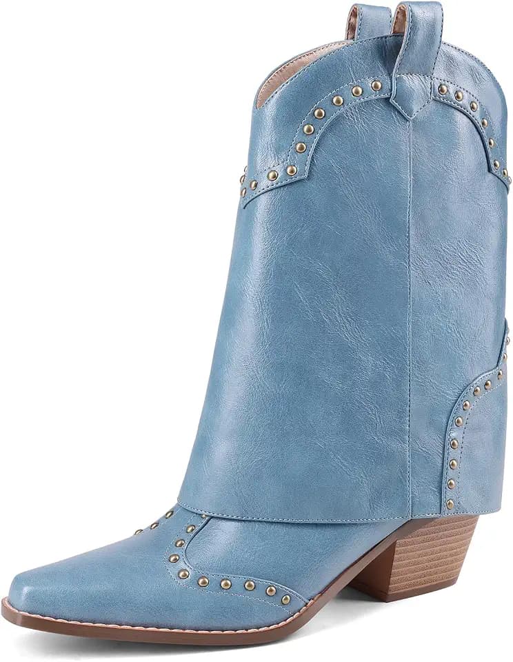Women Shark Boots Fold Over Cowboy Boots Cowgirl Ankle Chunky Heel Snip Toe Pull On Studded Boots for Women