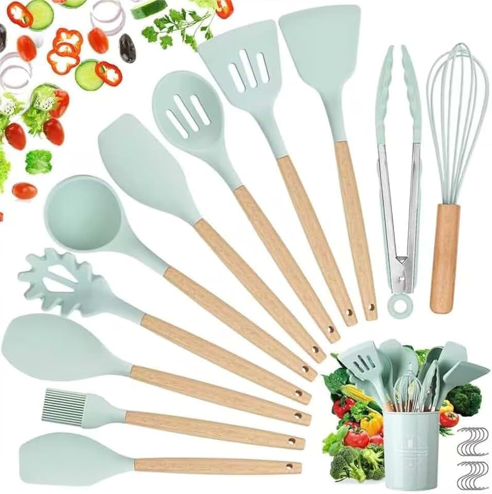 Küchenhelfer Set, hicoosee 22 Teiliges Küchenutensilien Set mit S-Haken, BPA-Frei, Silikon Kochbesteck Set mit Holzgriff und Loch zum Aufhängen, Grün