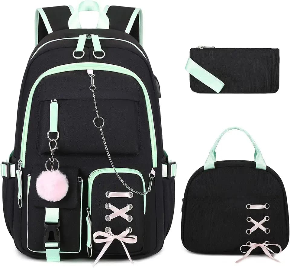 ACESAK 3PCS Teen Girls Backpack with Lunch Bag Set&USB Charging Port,Black
