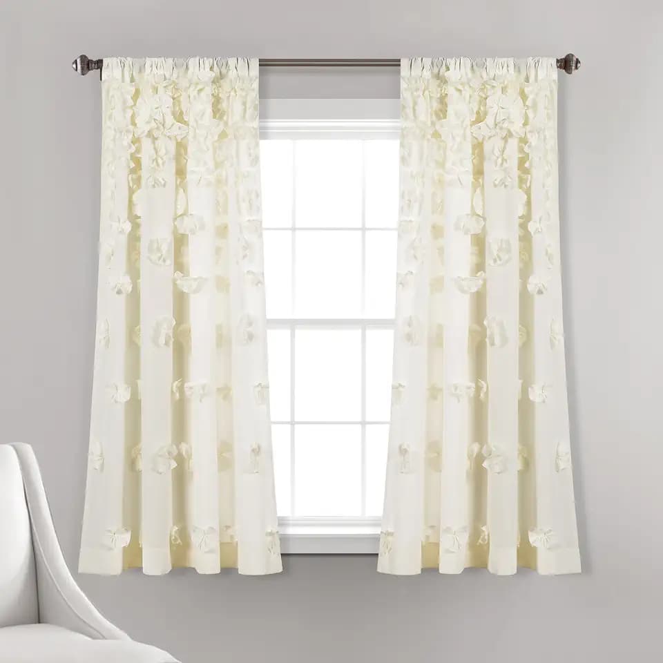 Lush Decor Riley Light Filtering Window Curtain Panel, Single 54" W x 63" L, Ivory - Cute Curtains for Bedroom - Bow Decor - Coquette Curtains for Windows