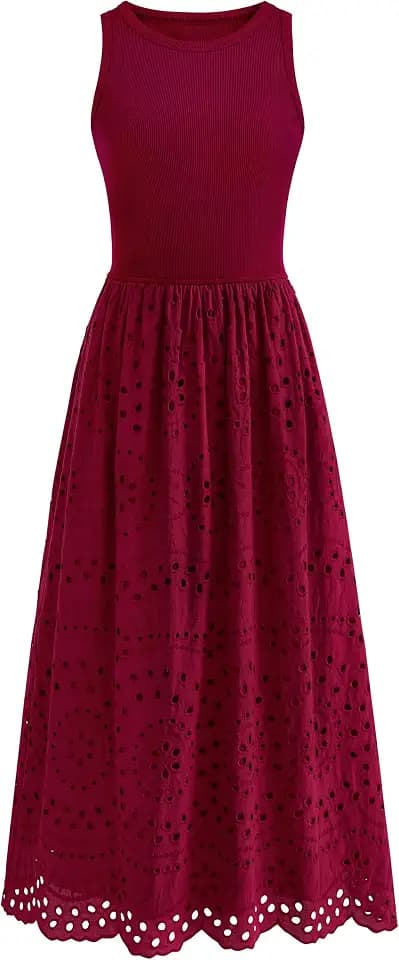 dowerme Women Sleeveless Lace Eyelet Cotton Tank Maxi Dress