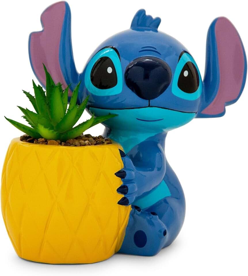 Disney Lilo & Stitch Ananas Keramik-Übertopf mit künstlichen Sukkulenten, niedlicher Blumentopf, künstliche Zimmerpflanzen, 15,2 cm