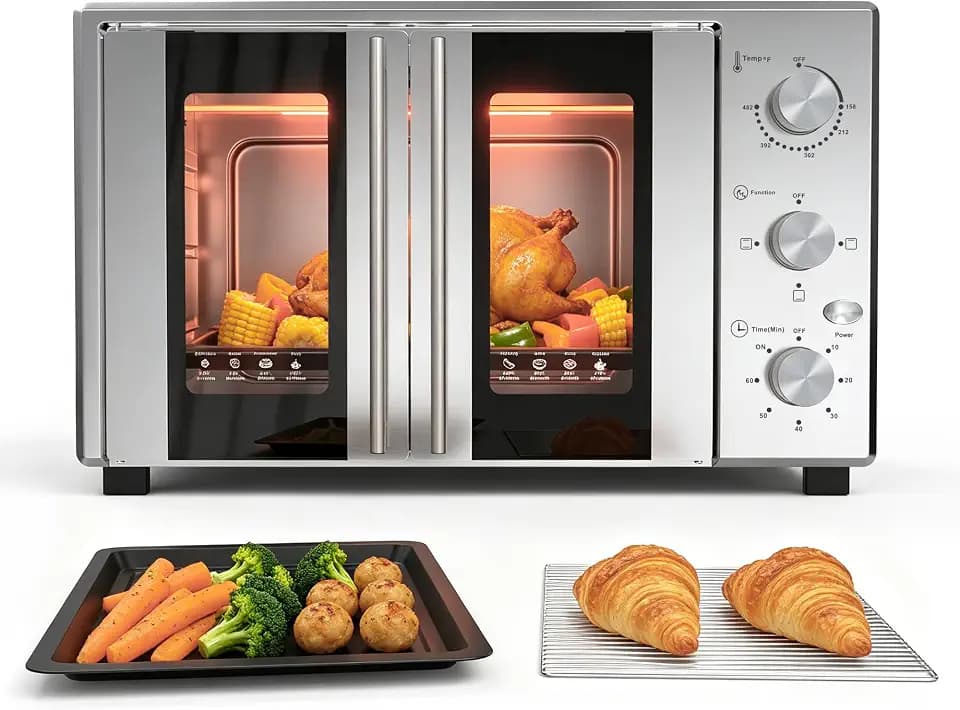 40.1QT Countertop Oven, 1600W French Door Toaster Oven With 3 Knobs, Silver