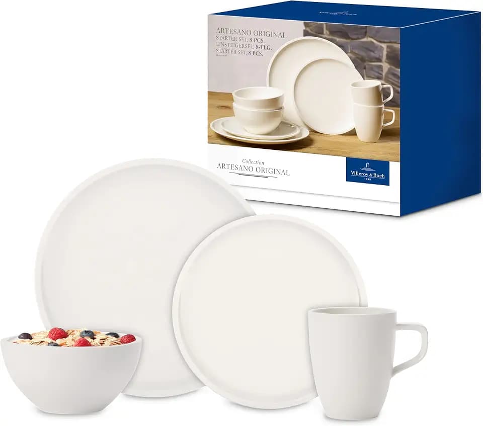 Villeroy & Boch – Artesano Starter-Set Set 8 teilig Weiß, Spülmaschinenfest, Mikrowellensicher, Geschirrset, Geschirr Set, Porzellan, Teller, Tafelservice, Service Modern, Premium Porzellan