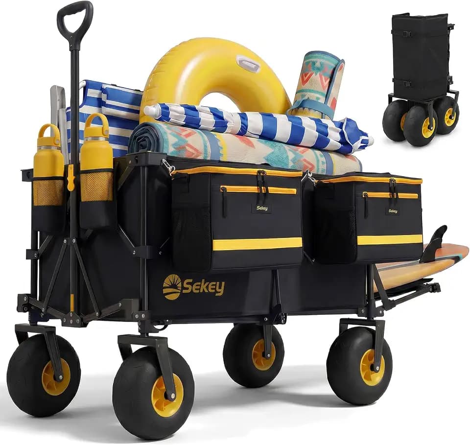 Sekey Heavy Duty Beach Wagon with 9" Big Sand-Proof Wheels, 300L Oversized Foldable Beach Cart with Cooler| Adjustable Handle & Balloon Tires for Sand, Camping,Vacation