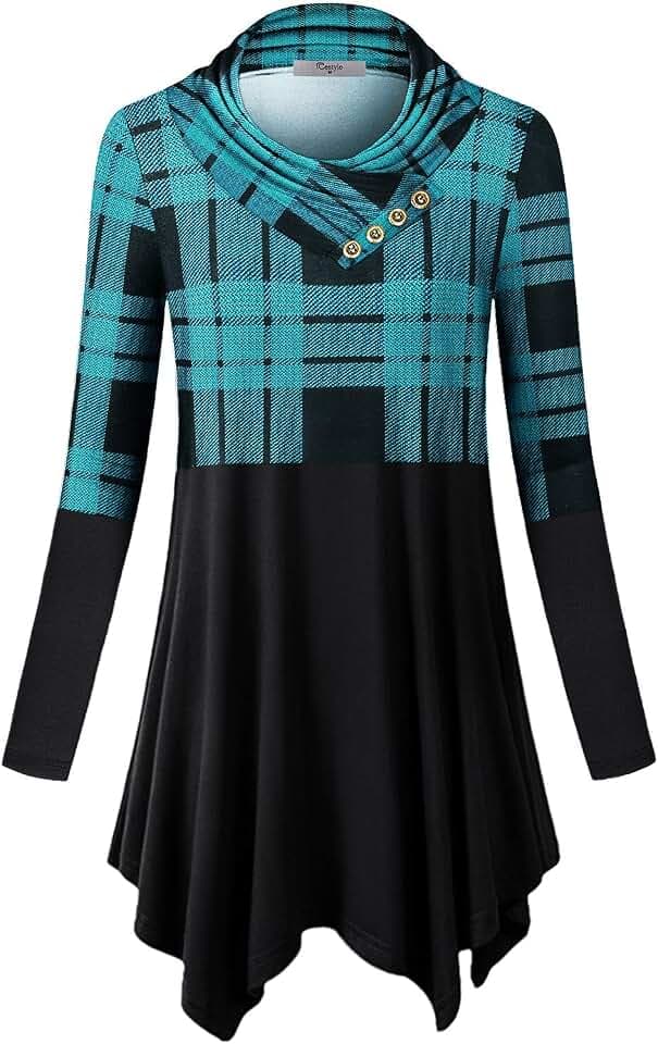 Cestyle Cowl Neck Plaid Tunic Tops for Women Asymmetrical Long Blouse
