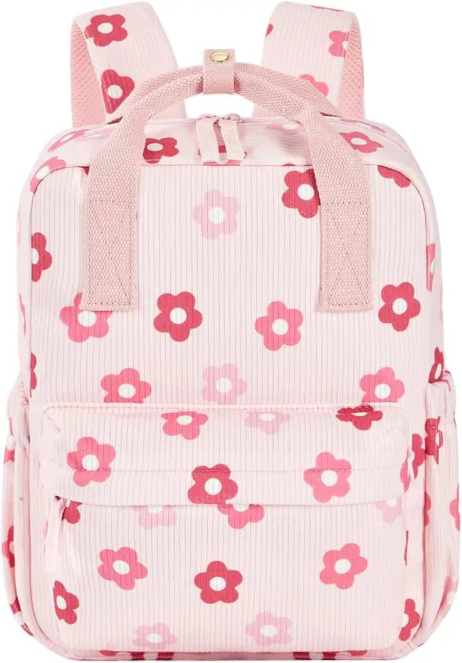 Mini Corduroy Toddler Backpack Bookbag School Bag for Toddlers Girls and Boys Preschool Daycare Kindergarten 13'' H Lightweight Fits for Folder(13'', Floral-Pink Corduroy)