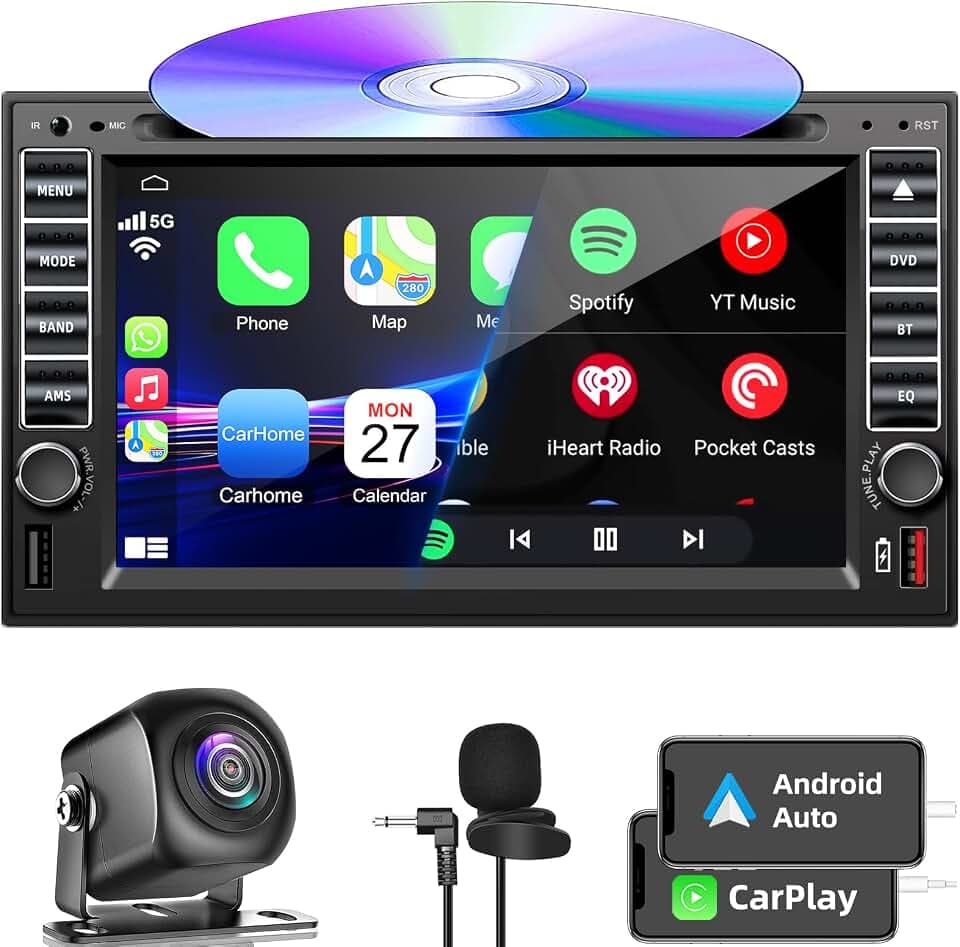 Double Din Car Stereo Radio with CD/DVD Player, Voice Control Carplay & Android Auto, 7 inch Car Audio with HD Touchscreen, Bluetooth, Mirror Link, Backup Camera, SWC, FM/AM, USB/SD, A/V Input
