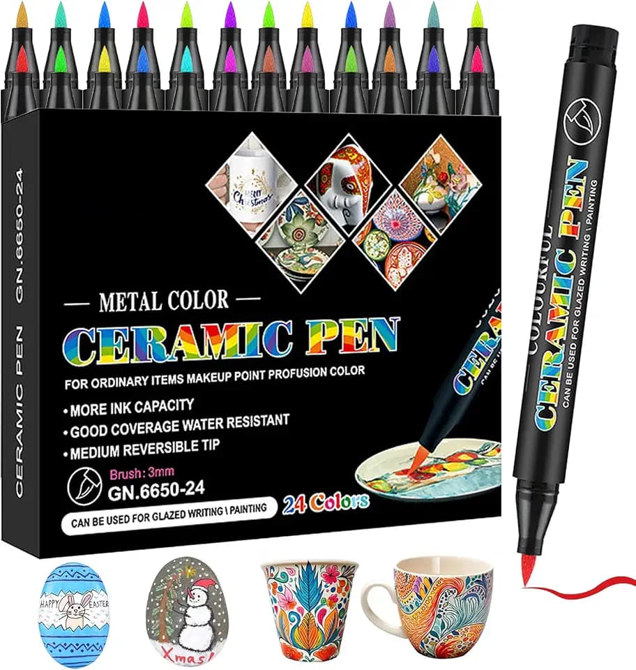 24 Farben Keramik Bemalen Set, Porzellanfarbe Spülmaschinenfest, Schnell Trocknend Wasserfester Acrylmarker für Tassen Keramik Glas Mustern und Designkreationen Auf