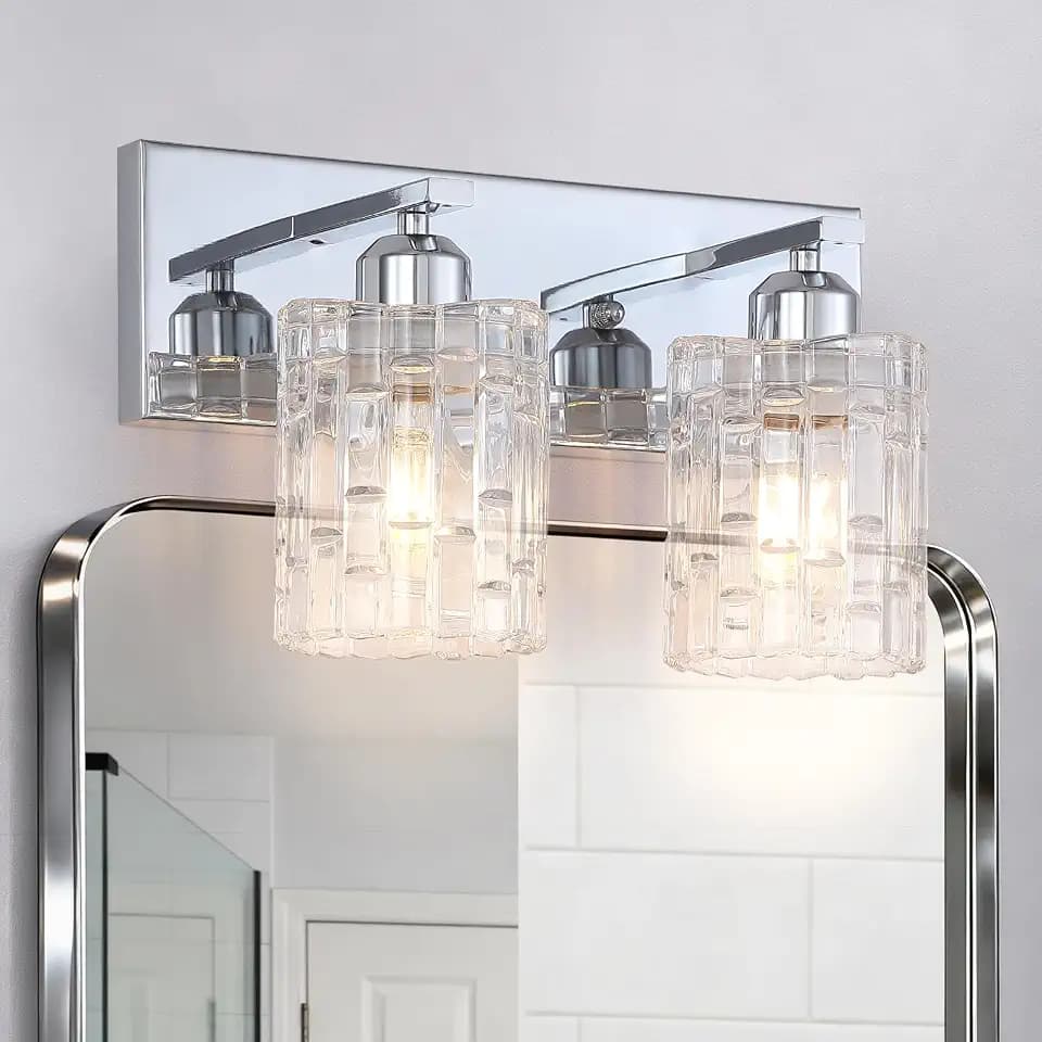 Chrome 2-Light Crystal Bathroom Vanity Light Fixture Over Mirror, Modern Bathroom Wall Light for Living Room, Bedroom, Hallway