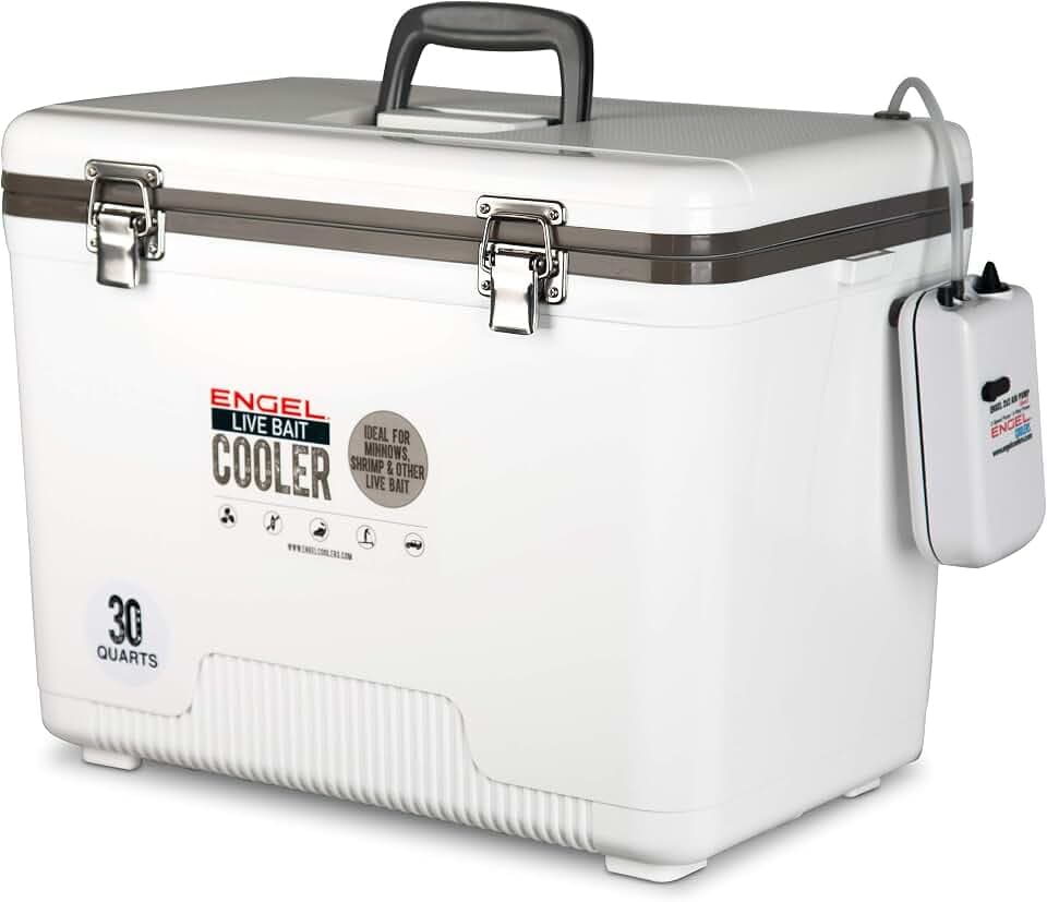 Engel Live Bait Cooler Box with 2nd Gen 2-Speed Aerator Pump - Portable Fishing Station & Minnow Bucket for Shrimp & Other Live Fish with Aerator - ENGLBC-N