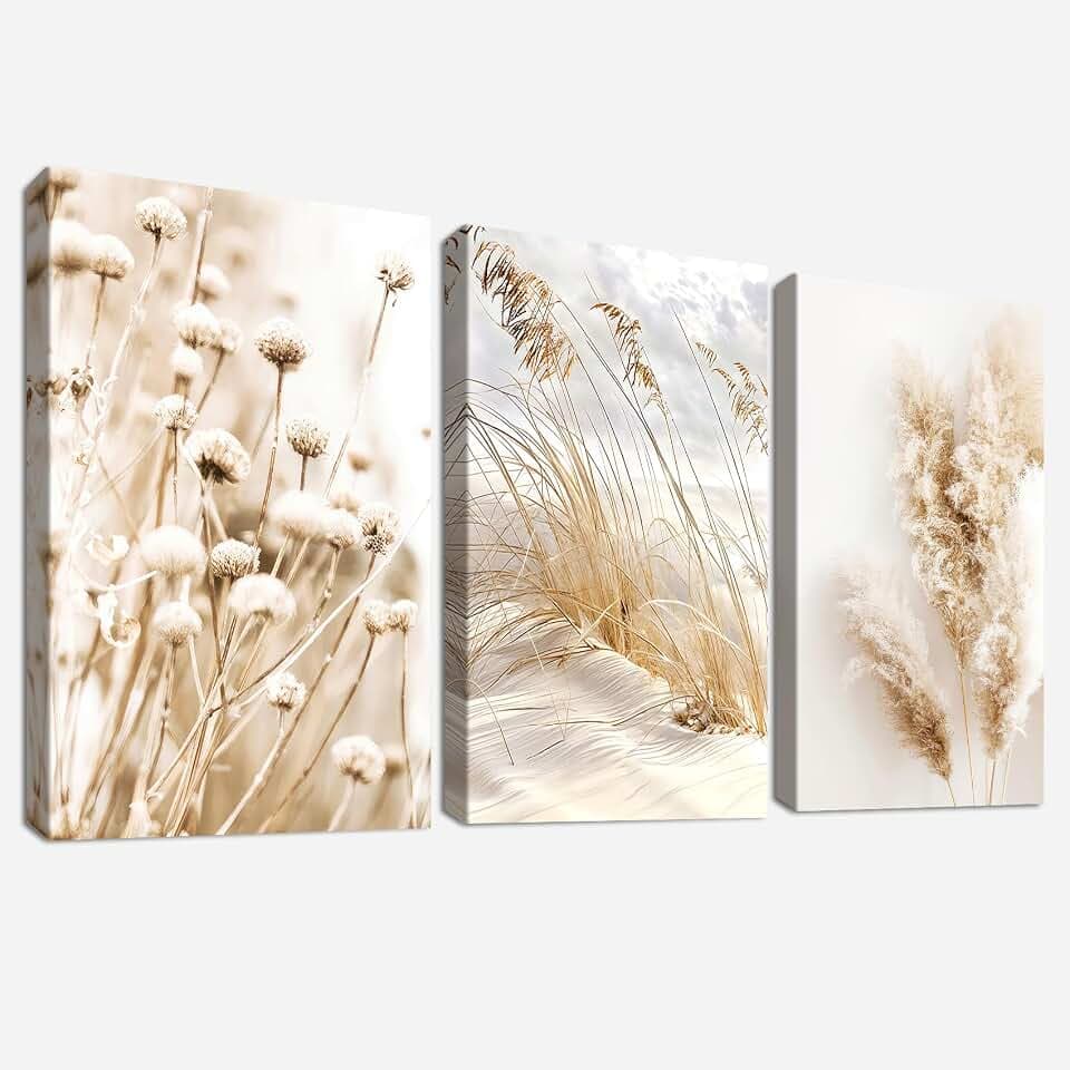 3 Pcs Beige Löwenzahn Pampasgras Salbei Mit Rahmen Leinwand Bilder Küstenstrand Landschaft Bild auf Leinwand Malerei Wandbilder Wohnzimmer Schlafzimmer Badezimmer Wanddeko 120x60cm (16"x24"x3)