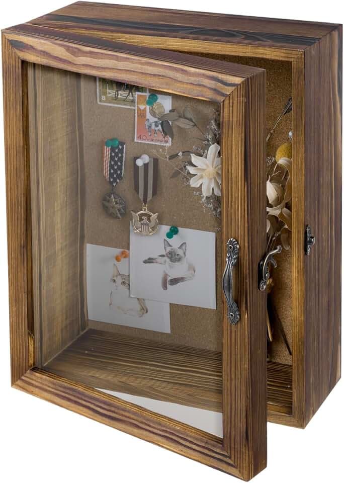 MyGift 11x14 Deep Shadow Box Frame with Cork Board Backing and Acrylic Paneled Cursive Hinged Door, Rustic Burnt Wood Wall Mounted Shadow Box Display Case Cabinet