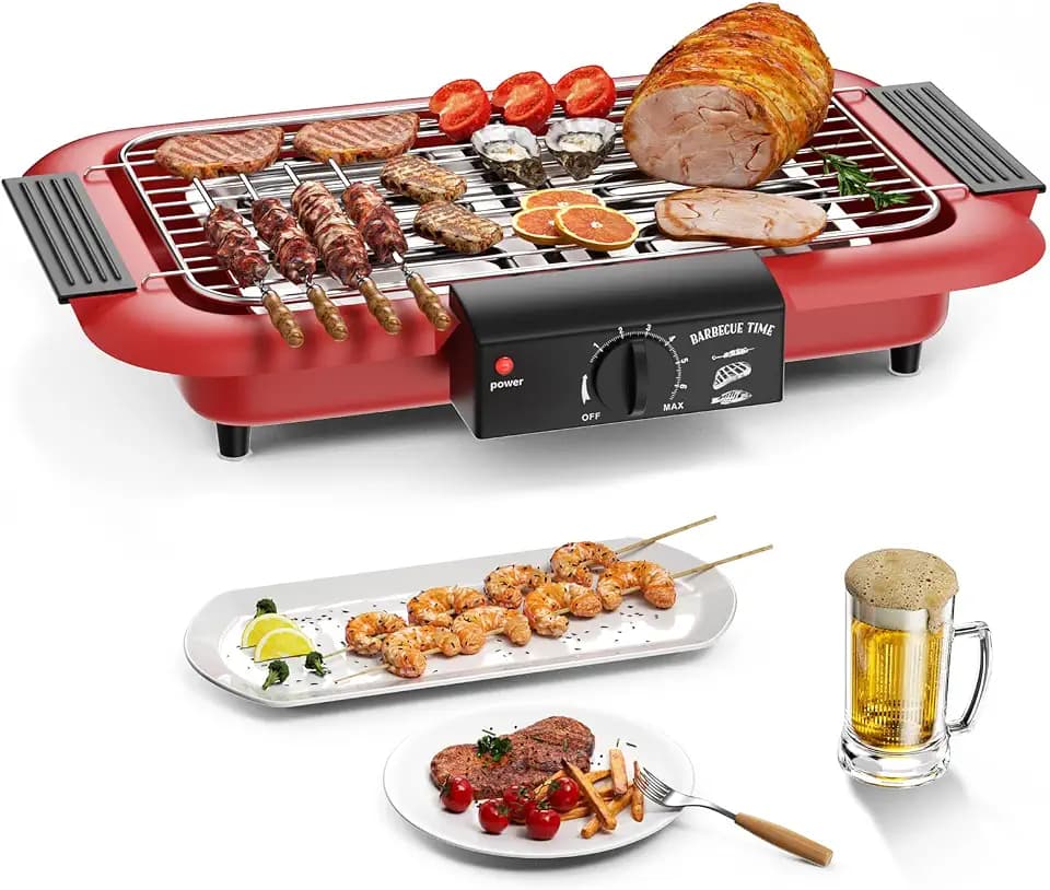 Elektrogrill Tischgrill elektrisch, Elektrischer BBQ-Grill, rauchloser Non-Stick Innen-/Outdoor-Grill, 2000W Doppelröhre tragbarer abnehmbarer Standgrill der hohen Leistung (Klassisches Rot)