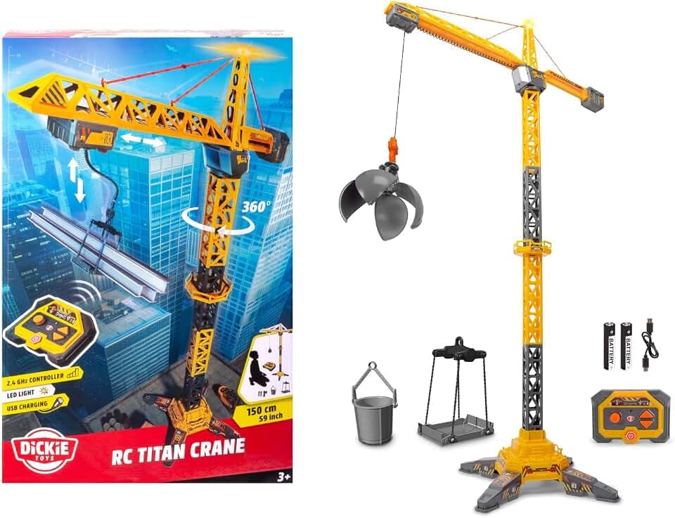 Dickie Toys - RC Titan Crane (150 cm) - Ferngesteuerter Spielzeug-Kran mit 360°-Drehung und interaktivem Zubehör, Spielkran mit Fernbedienung und Licht für Kinder ab 3 Jahre, inkl. Batterien