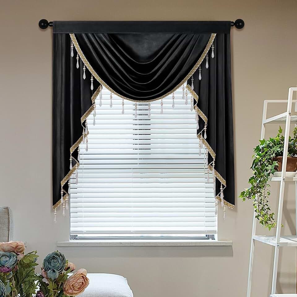 ELKCA Luxury Black Velvet Curtain Valances for Living Room with Beads(39inch,1 Panel)