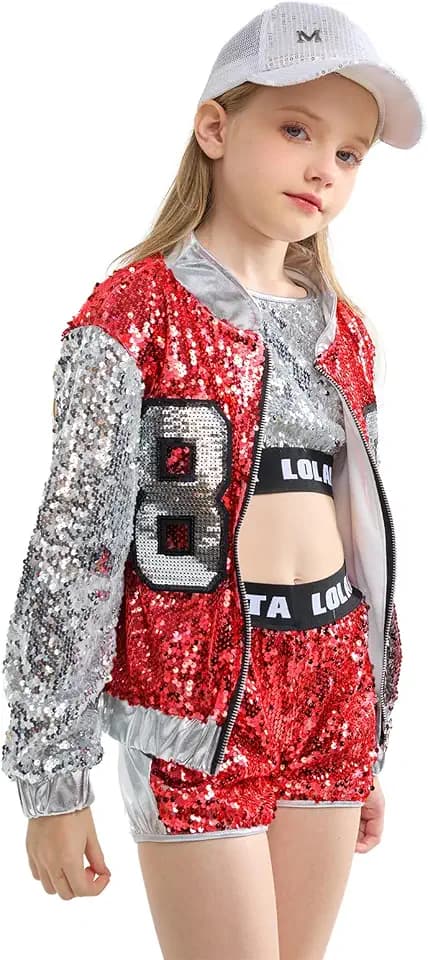 LOLANTA Girls Sequin Dance Costume, 4PCs Sparkle Hip Hop Jazz Outfits