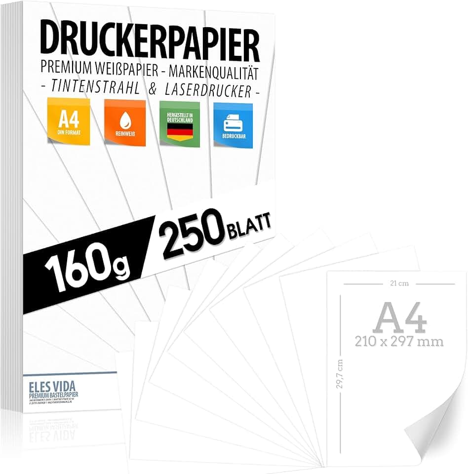 Druckerpapier A4 160g weiß, 250 Blatt – PREMIUM PAPIER Reinweiß, DIN A4 | 21 x 29,7 cm, Zeichenpapier dick ,unbedruckt für Uni, Fotografie, Präsentationen, Basteln, hochwertiges Bewerbungspapier