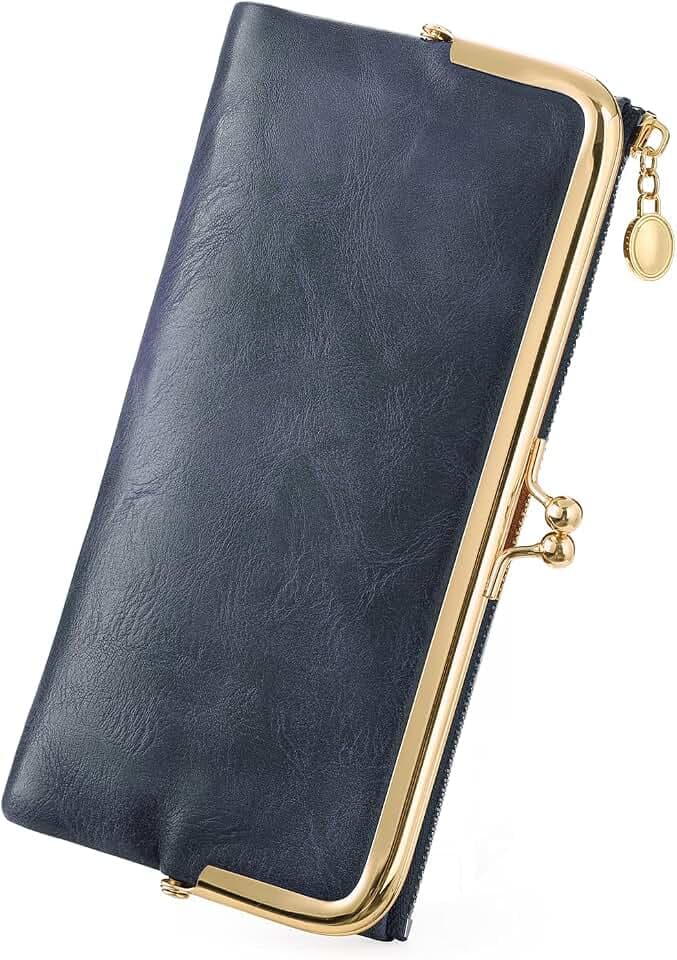 GOIACII Womens Wallet Kiss Lock Bifold Leather Wallets for Women Blue