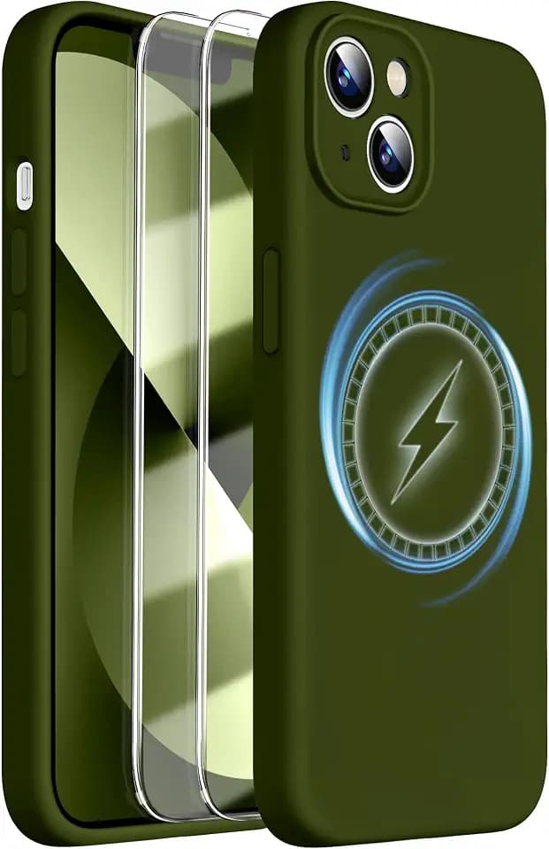 Dssairo Magnetische für iPhone 13 Hülle, mit 2 x Displayschutzfolien, Verbessertes Flüssigsilikon, Verbesserter Kameraschutz, Militärische Qualität, Sturzsicher, Dünn 6,1 Zoll (Dunkles Moosgrün)